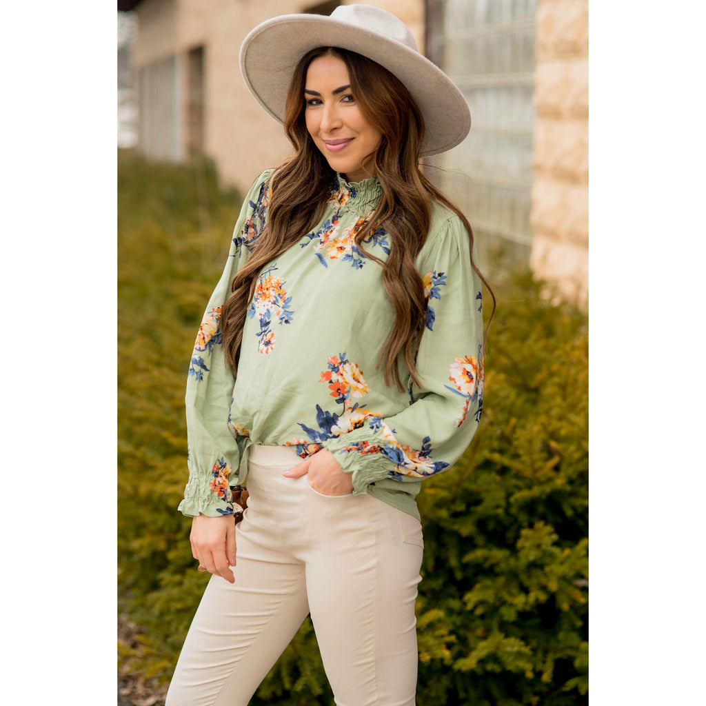 Smocked Neck Floral Long Sleeve Blouse - Betsey's Boutique Shop