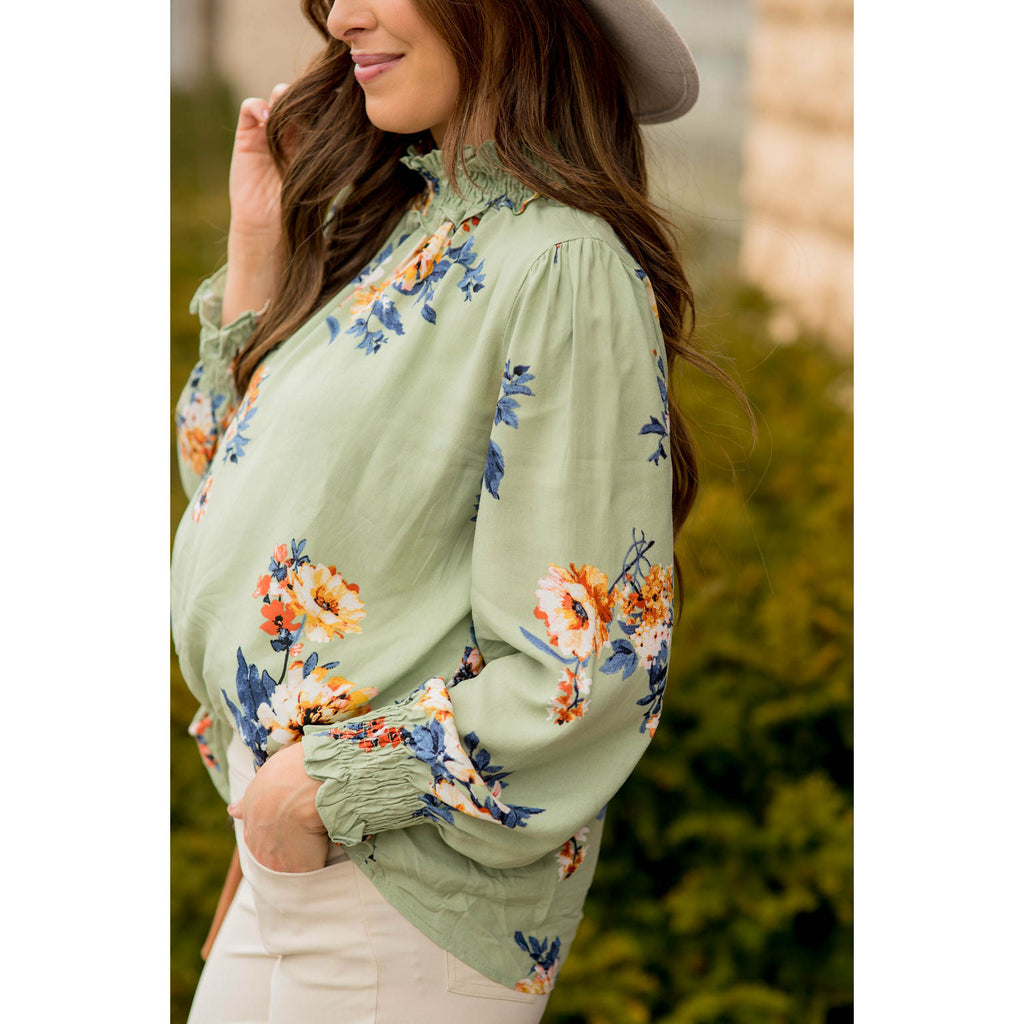 Smocked Neck Floral Long Sleeve Blouse - Betsey's Boutique Shop