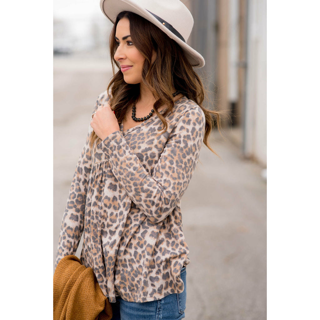 Button Leopard Peplum Blouse - Betsey's Boutique Shop - Shirts & Tops