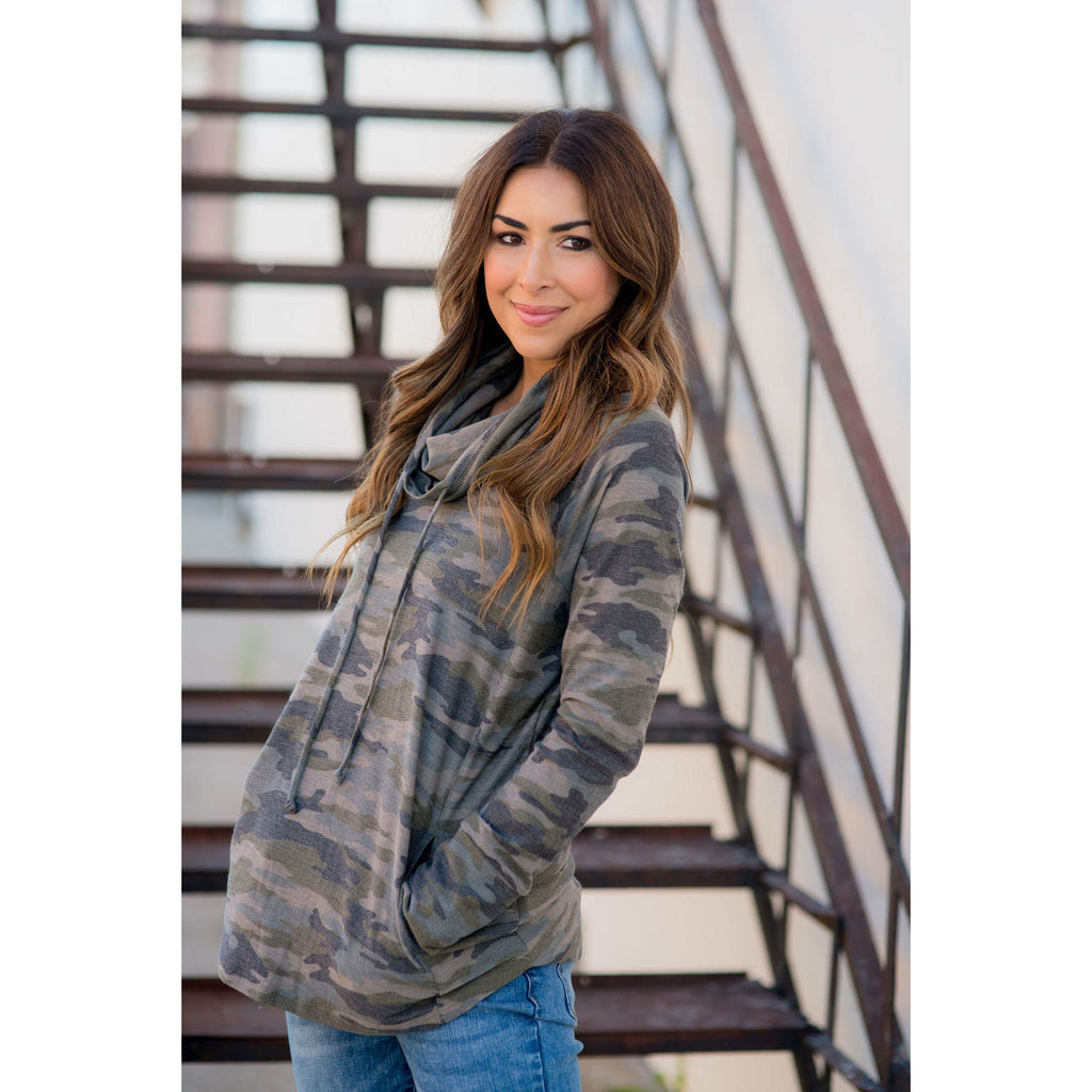 Camo Cowl Neck Pocket Sweatshirt - Betsey's Boutique Shop - Shirts & Tops