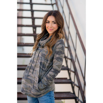 Camo Cowl Neck Pocket Sweatshirt - Betsey's Boutique Shop - Shirts & Tops