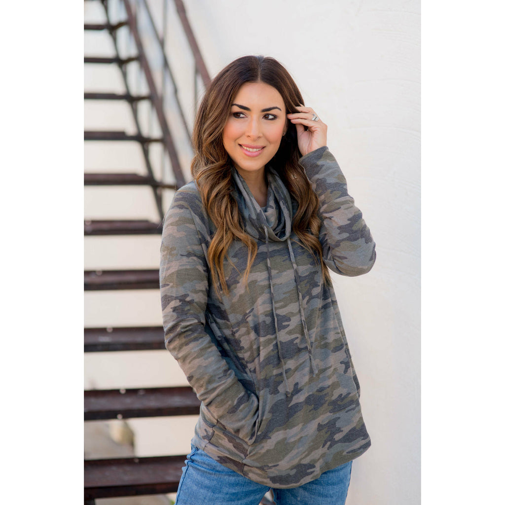 Camo Cowl Neck Pocket Sweatshirt - Betsey's Boutique Shop - Shirts & Tops