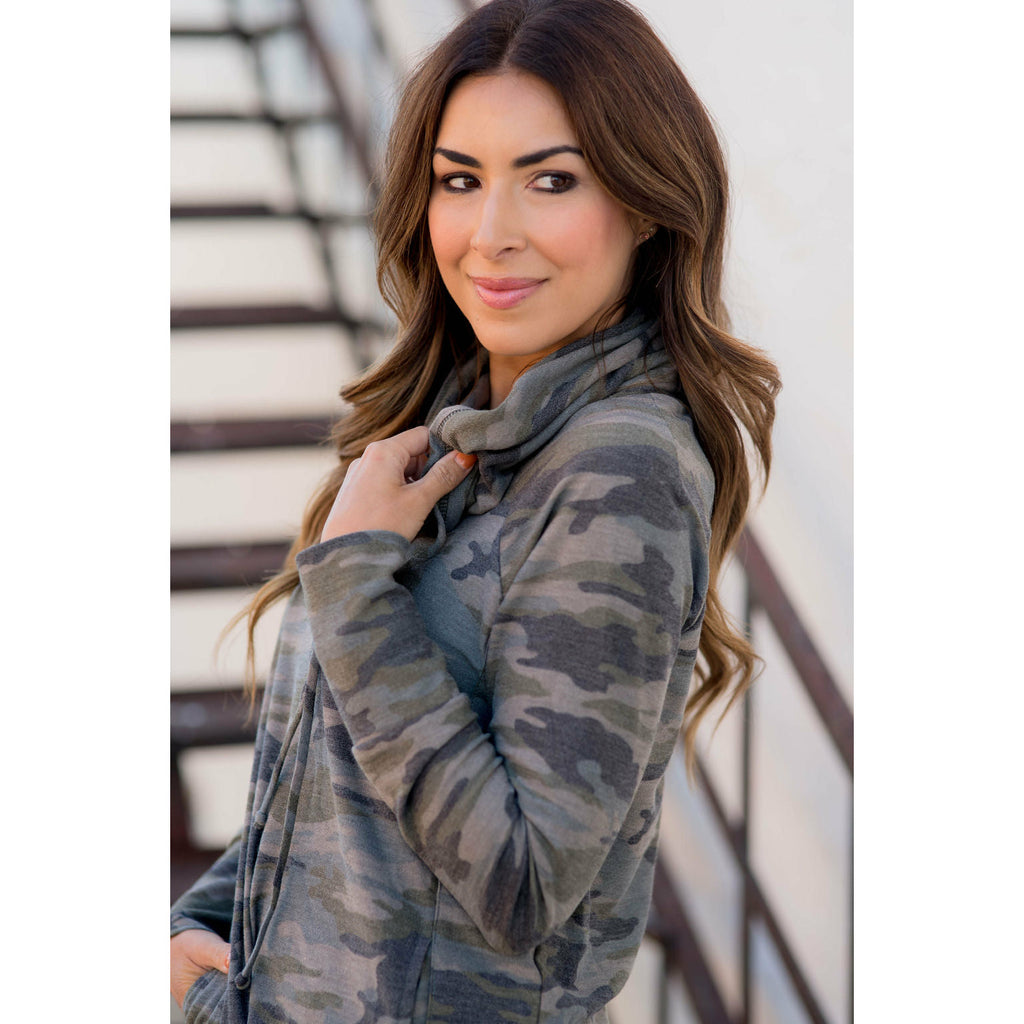 Camo Cowl Neck Pocket Sweatshirt - Betsey's Boutique Shop - Shirts & Tops