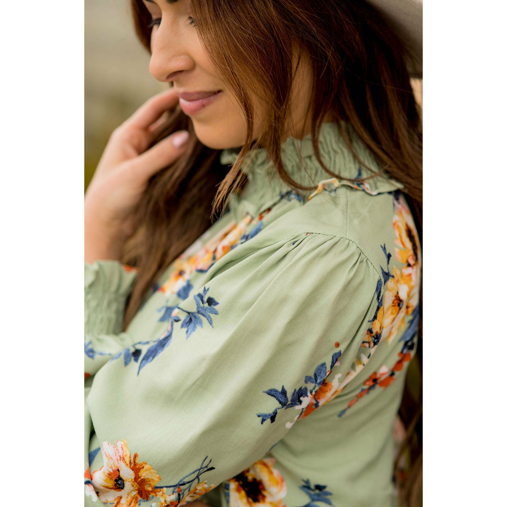 Smocked Neck Floral Long Sleeve Blouse - Betsey's Boutique Shop