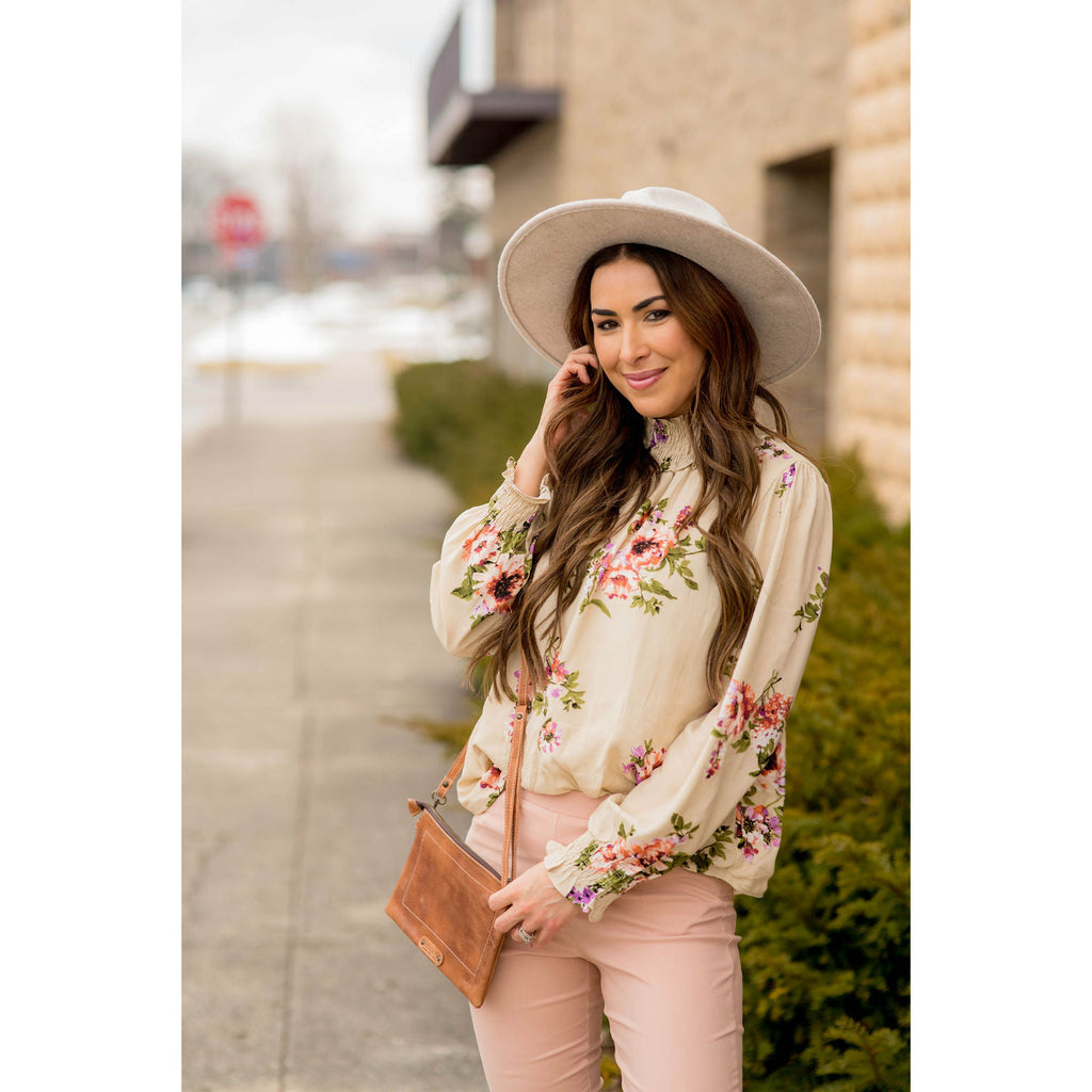 Smocked Neck Floral Long Sleeve Blouse - Betsey's Boutique Shop