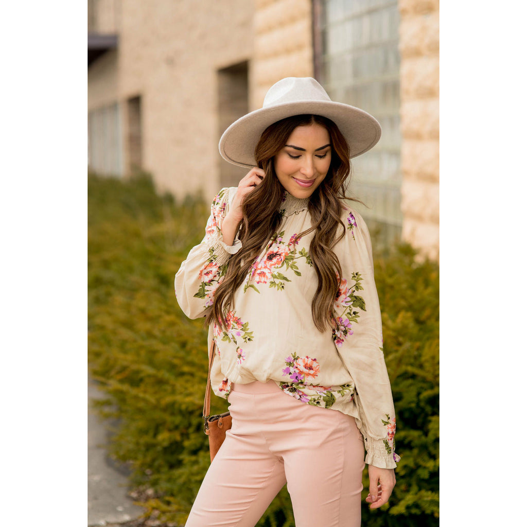 Smocked Neck Floral Long Sleeve Blouse - Betsey's Boutique Shop