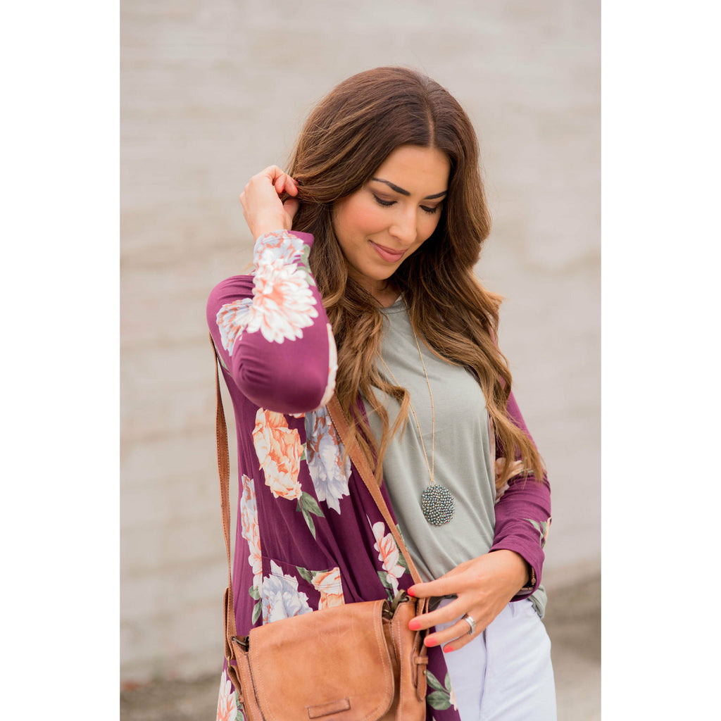 Plum Floral Pocket Cardigan - Betsey's Boutique Shop