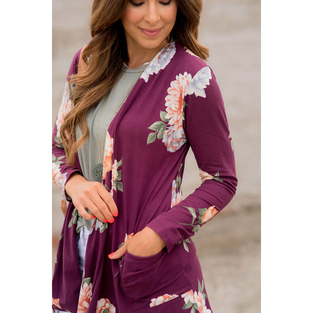 Plum Floral Pocket Cardigan - Betsey's Boutique Shop