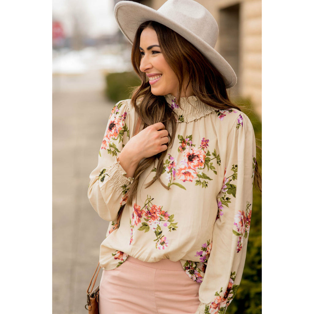 Smocked Neck Floral Long Sleeve Blouse - Betsey's Boutique Shop