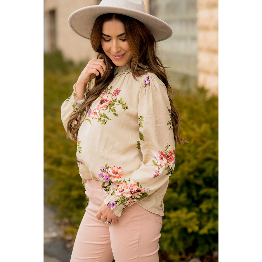 Smocked Neck Floral Long Sleeve Blouse - Betsey's Boutique Shop