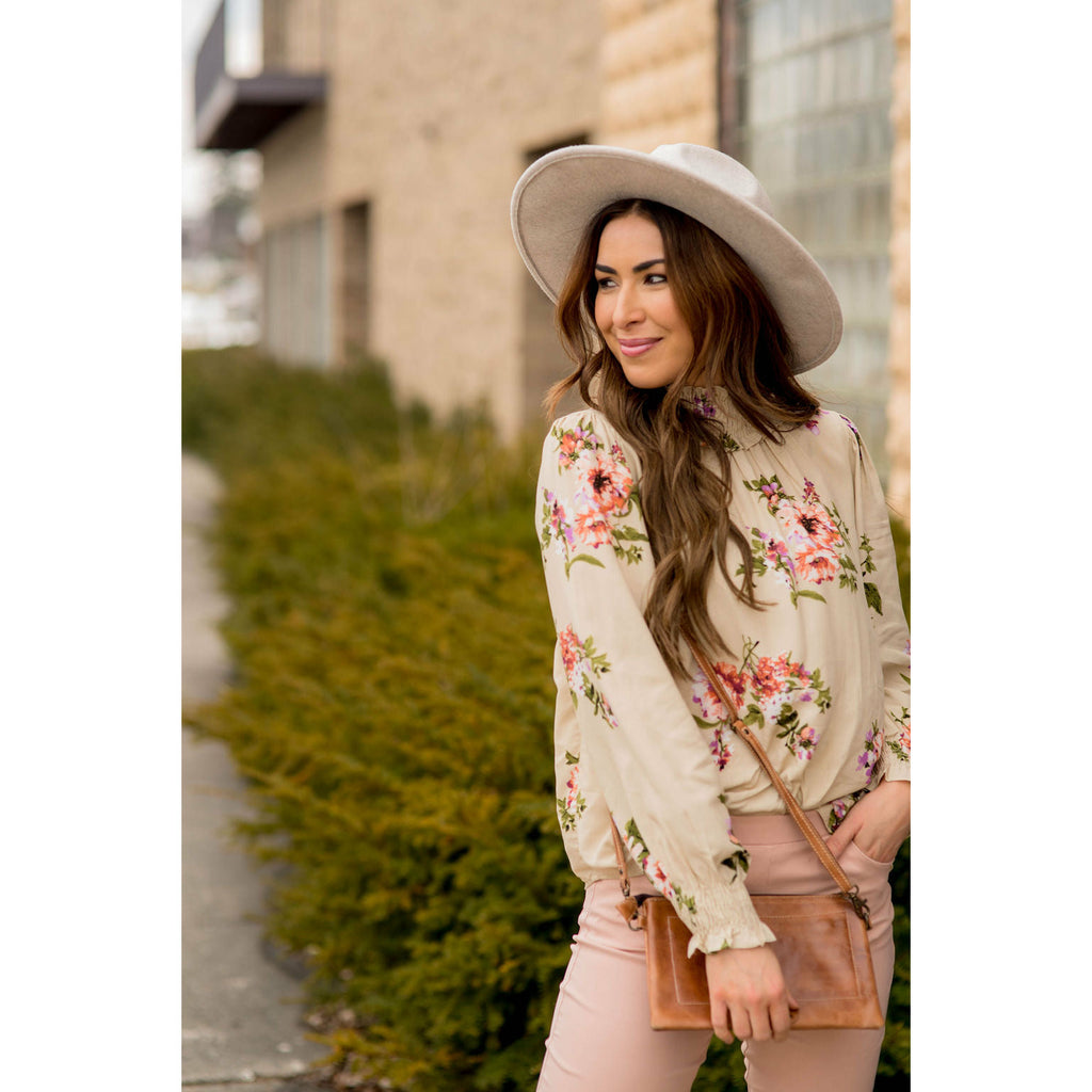 Smocked Neck Floral Long Sleeve Blouse - Betsey's Boutique Shop