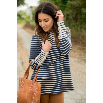 Mixed Striped Button Sleeve Hoodie - Betsey's Boutique Shop