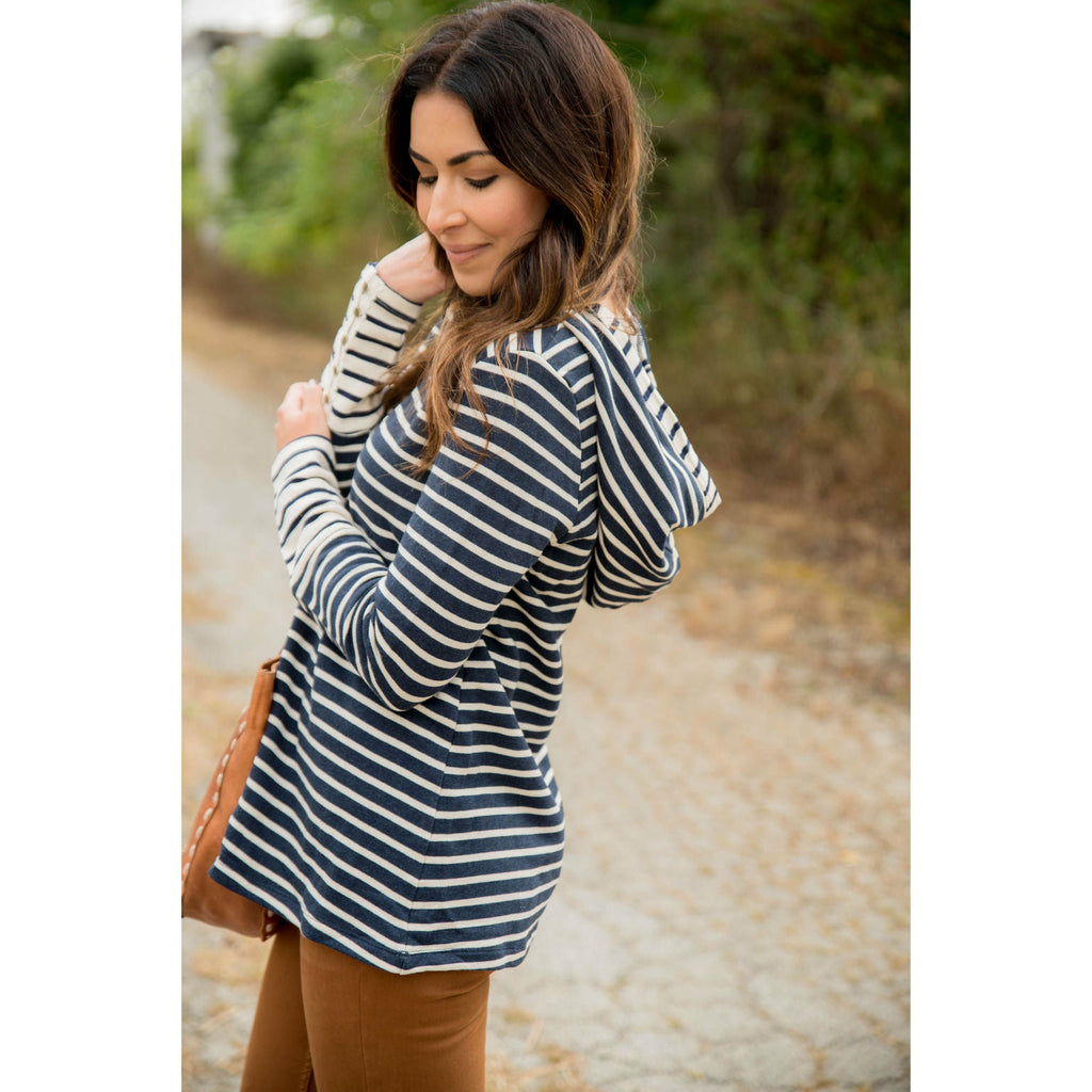 Mixed Striped Button Sleeve Hoodie - Betsey's Boutique Shop