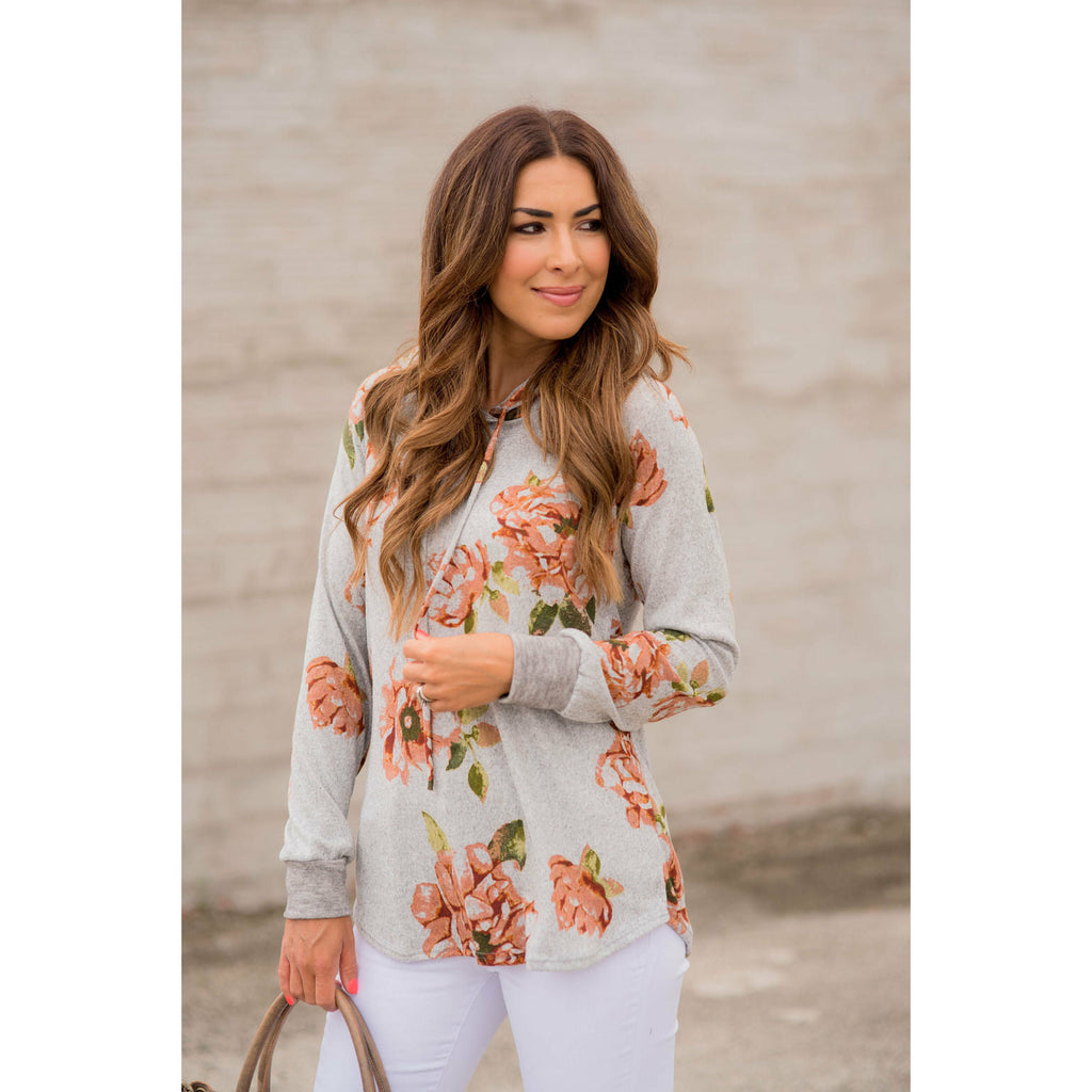 Peach Floral Grey Hoodie - Betsey's Boutique Shop