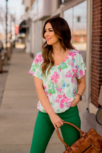 Bold Floral Faux Wrap Tee - Betsey's Boutique Shop -