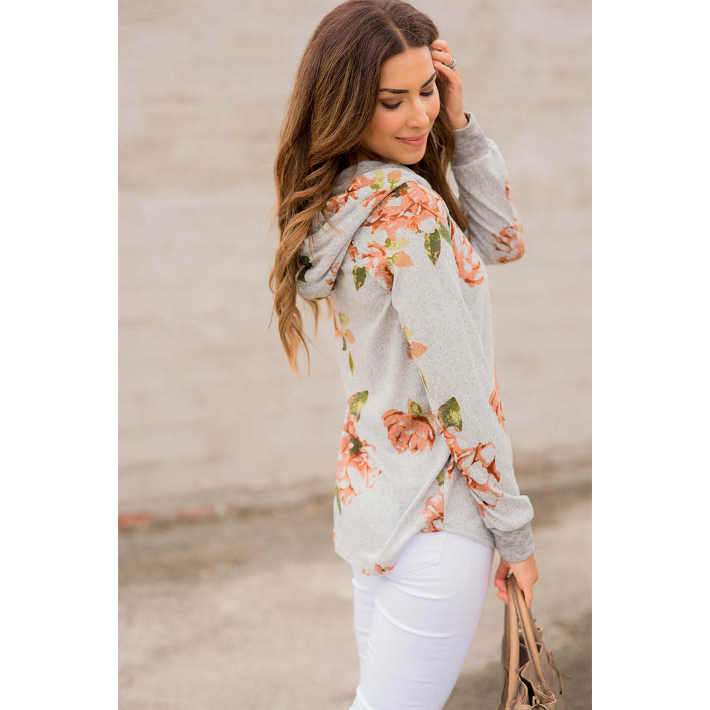 Peach Floral Grey Hoodie - Betsey's Boutique Shop