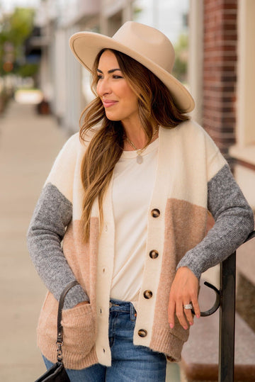 Neutral Blocked Button Accent Cardigan - Betsey's Boutique Shop