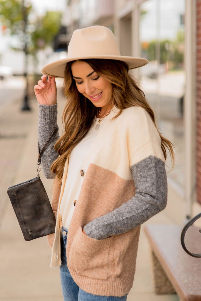 Neutral Blocked Button Accent Cardigan - Betsey's Boutique Shop