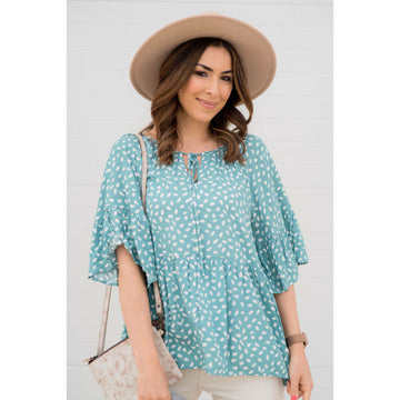 Flowy Sleeved Speckled Tie Neck Blouse - Betsey's Boutique Shop