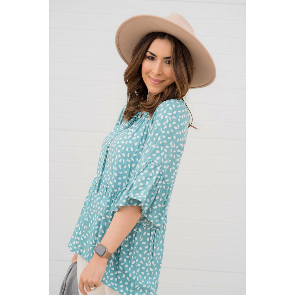 Flowy Sleeved Speckled Tie Neck Blouse - Betsey's Boutique Shop