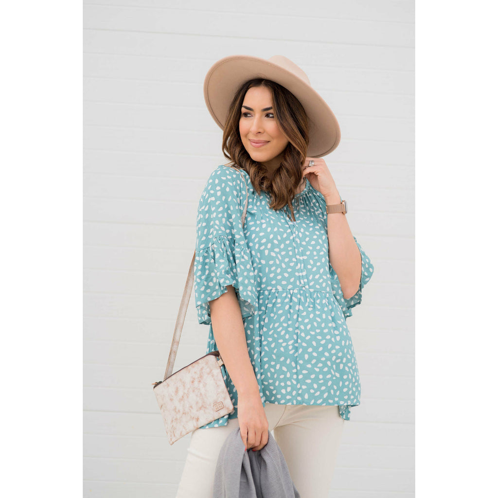 Flowy Sleeved Speckled Tie Neck Blouse - Betsey's Boutique Shop