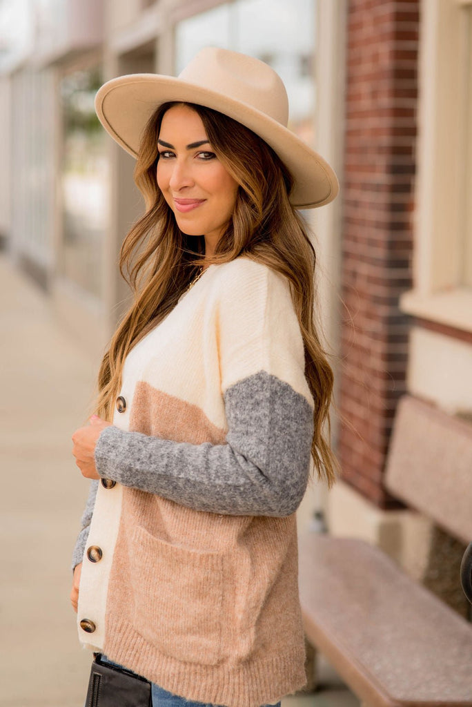 Neutral Blocked Button Accent Cardigan - Betsey's Boutique Shop