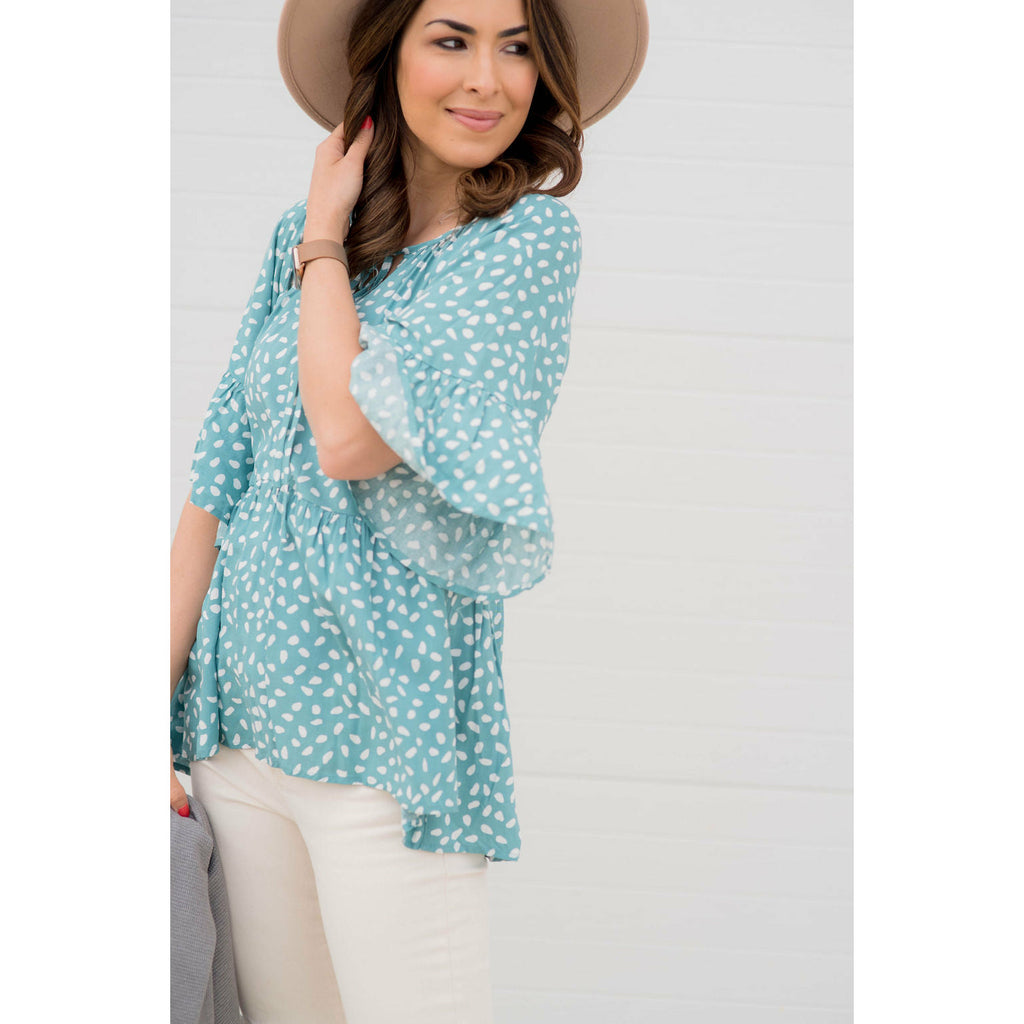 Flowy Sleeved Speckled Tie Neck Blouse - Betsey's Boutique Shop