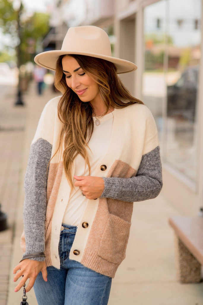 Neutral Blocked Button Accent Cardigan - Betsey's Boutique Shop