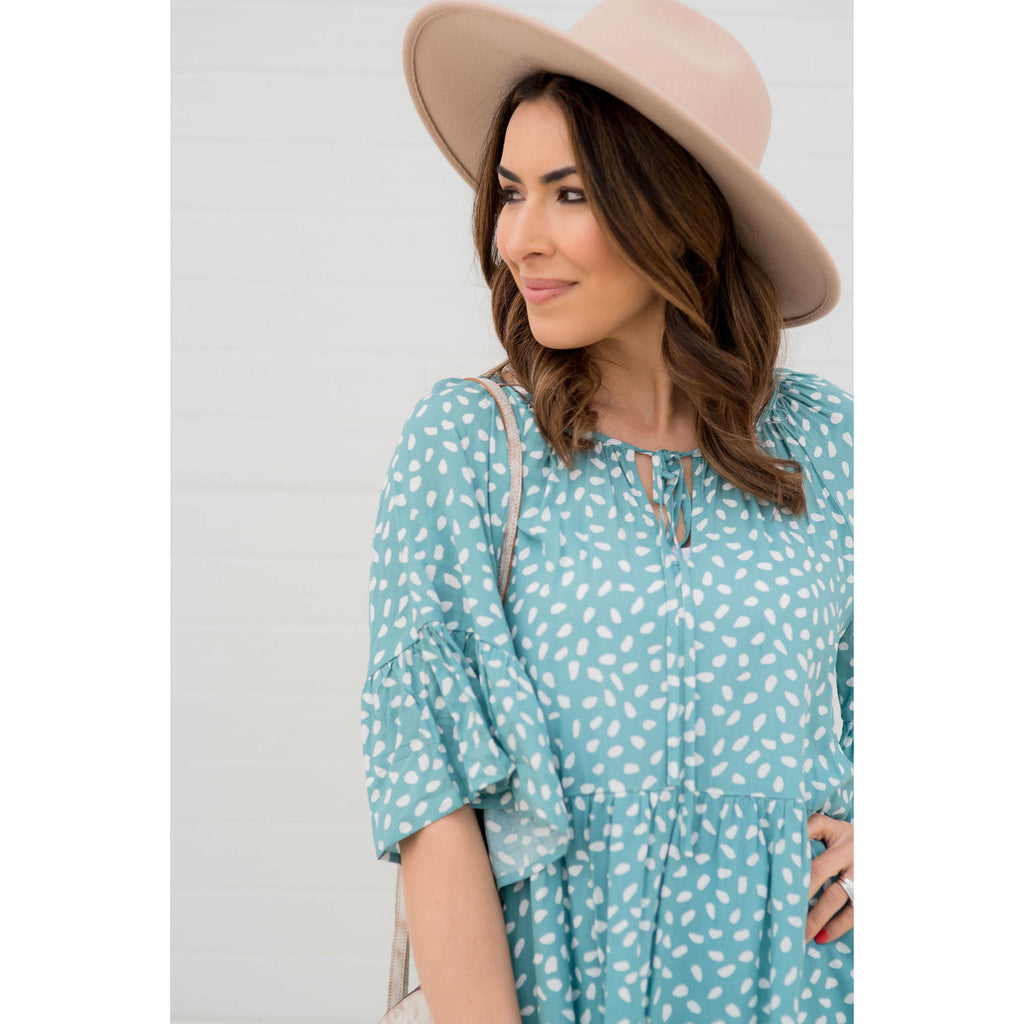 Flowy Sleeved Speckled Tie Neck Blouse - Betsey's Boutique Shop