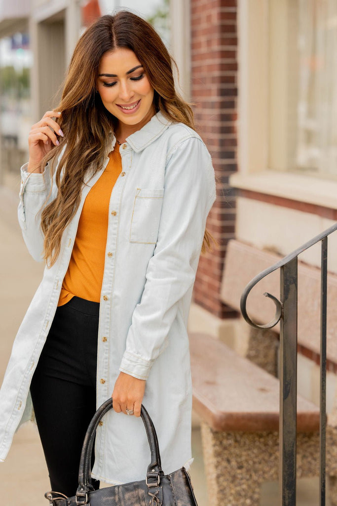 Frayed Edge Denim Tunic Shacket - Betsey's Boutique Shop -