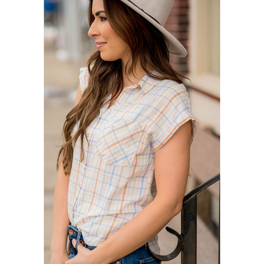 Color Plaid Short Sleeve Button Up - Betsey's Boutique Shop