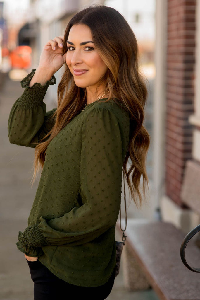 Micro Dot Cinched Sleeve Blouse - Betsey's Boutique Shop -