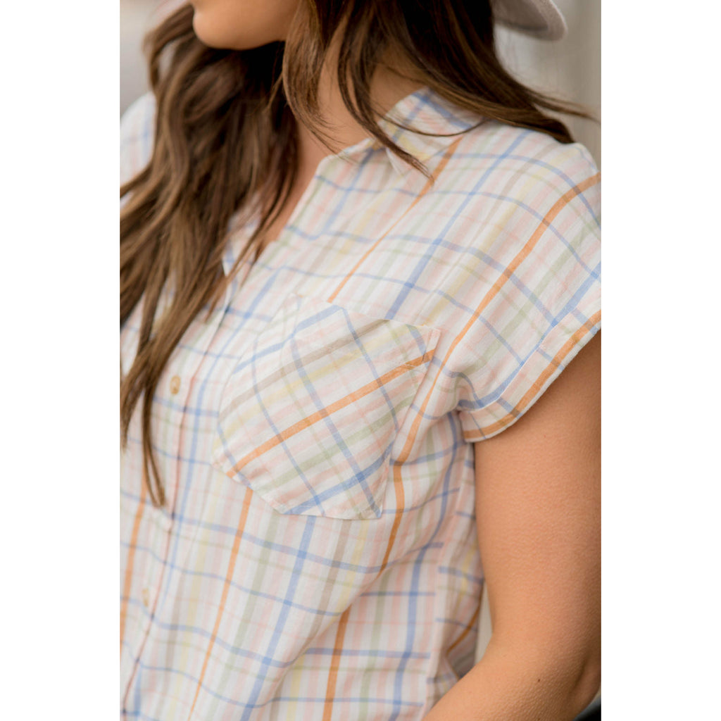 Color Plaid Short Sleeve Button Up - Betsey's Boutique Shop