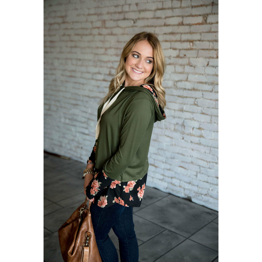 Olive Floral Tipped Hoodie - Betsey's Boutique Shop