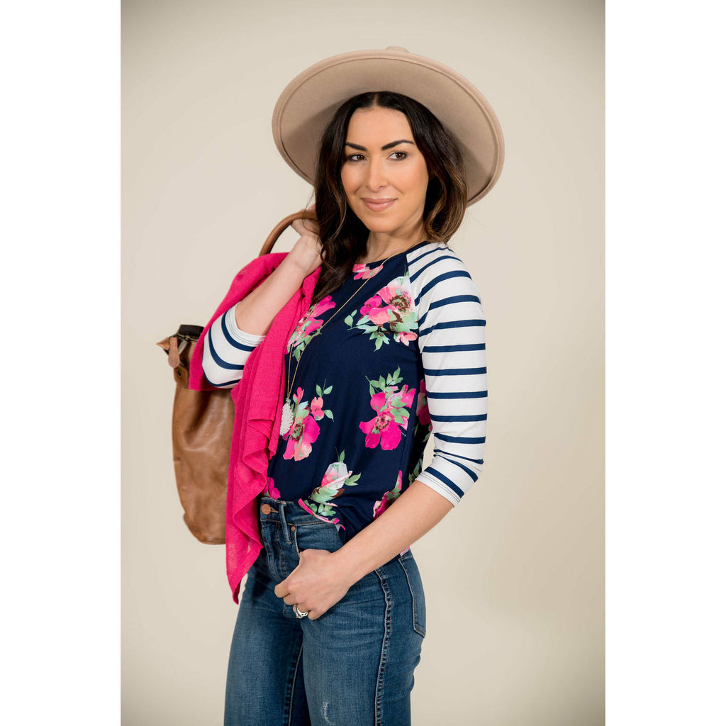 Navy Floral Baseball Tee - Betsey's Boutique Shop - Shirts & Tops