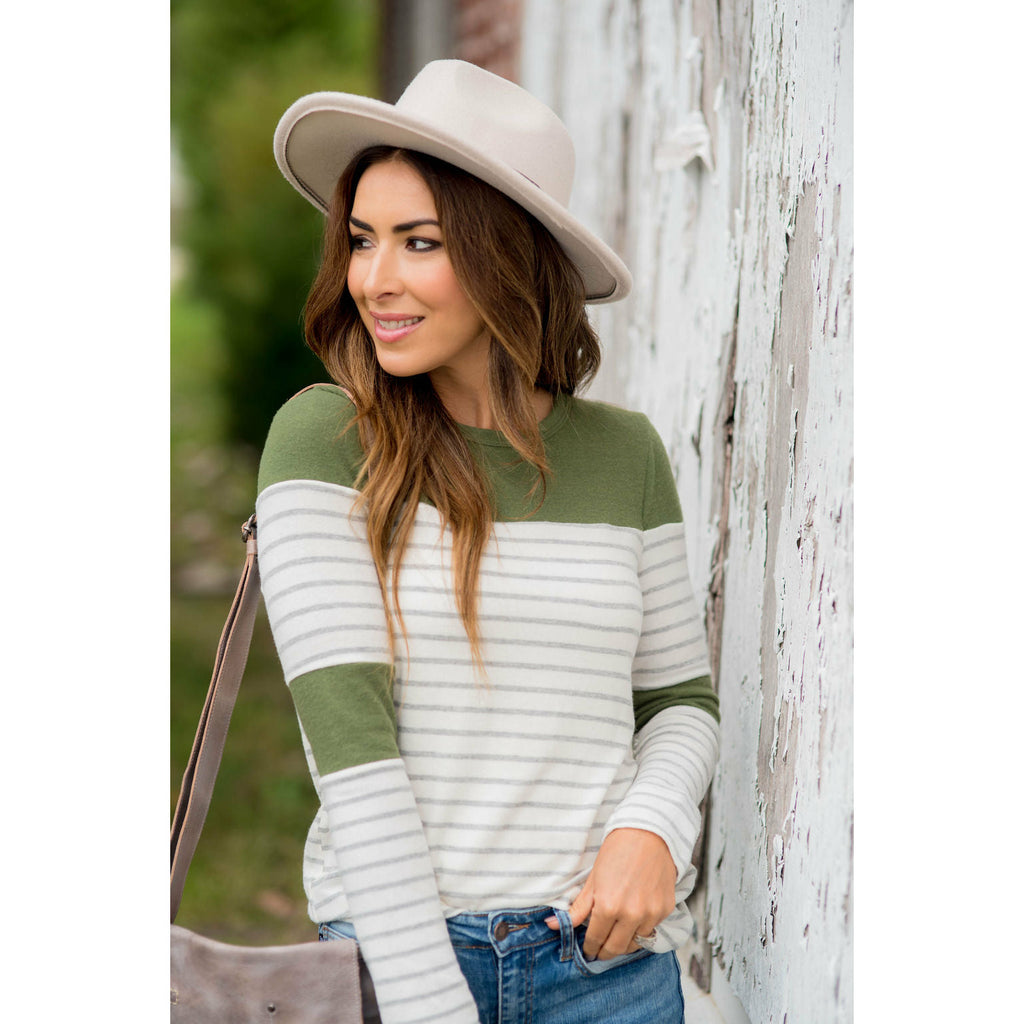 Striped Color Blocked Long Sleeve Tee - Betsey's Boutique Shop