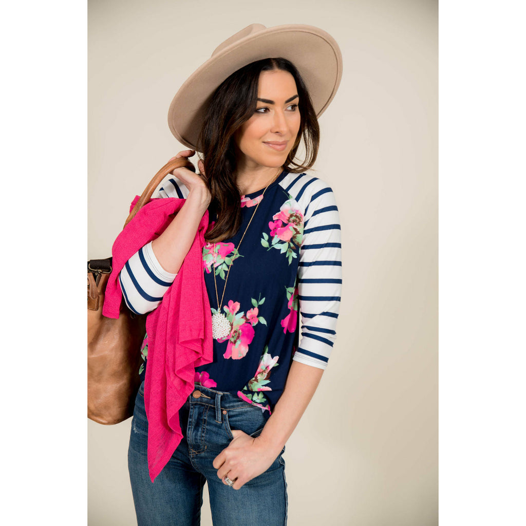 Navy Floral Baseball Tee - Betsey's Boutique Shop - Shirts & Tops