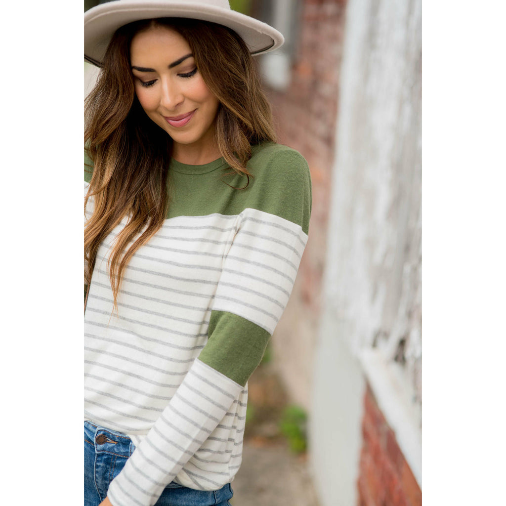 Striped Color Blocked Long Sleeve Tee - Betsey's Boutique Shop