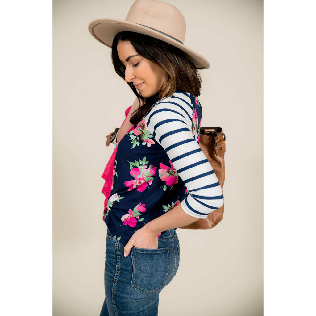 Navy Floral Baseball Tee - Betsey's Boutique Shop - Shirts & Tops