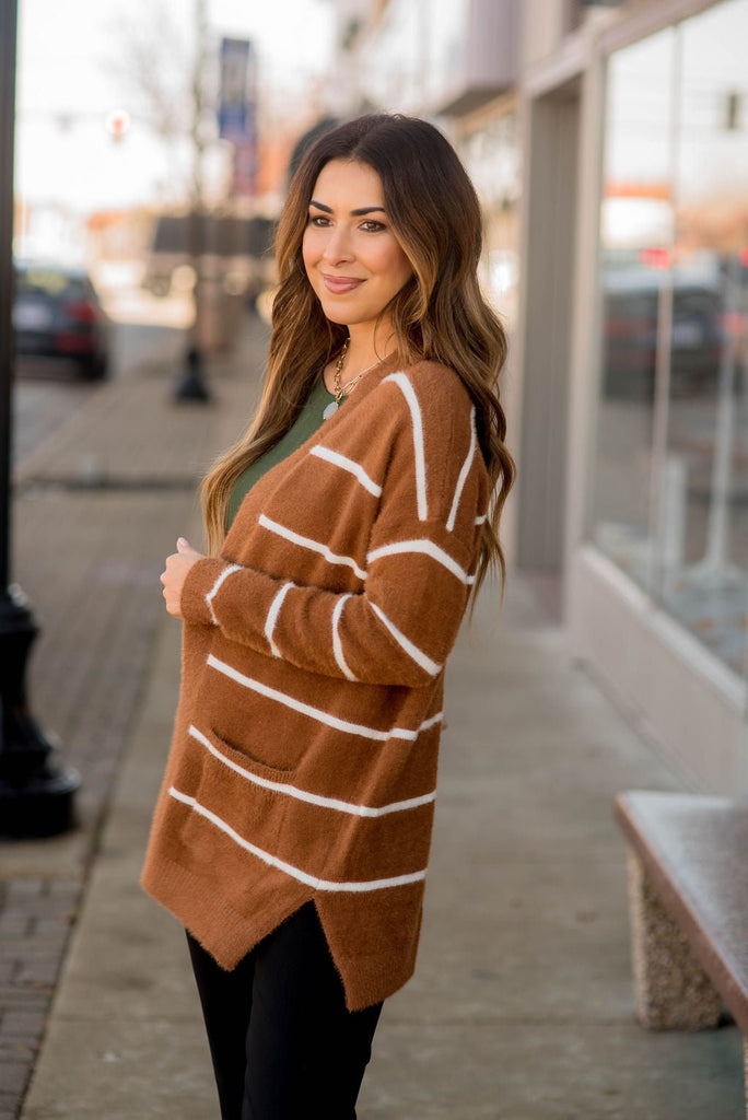 Striped Fuzzy Cardigan - Betsey's Boutique Shop - Coats & Jackets