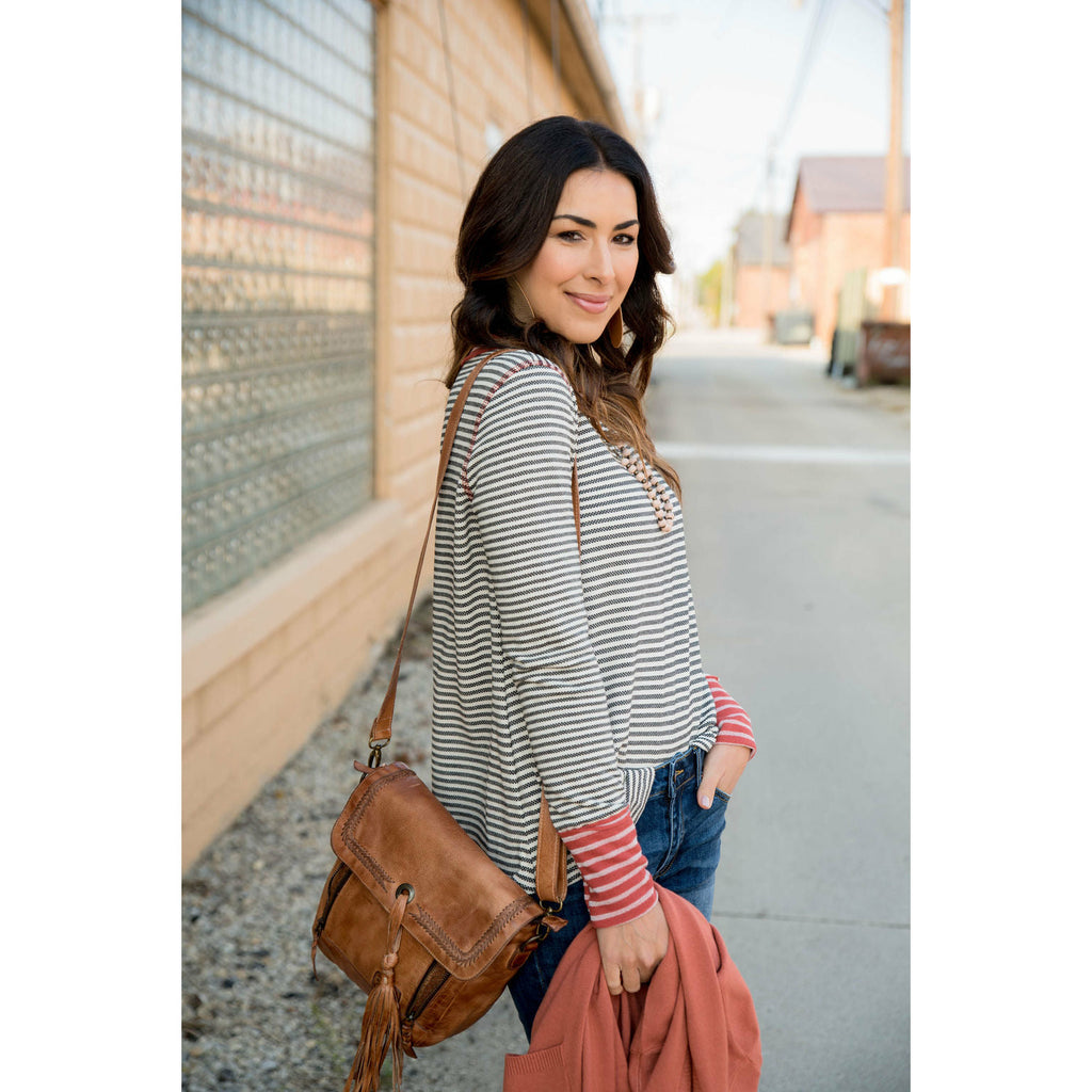 Mixed Stripe Raw Stitched Tee - Betsey's Boutique Shop