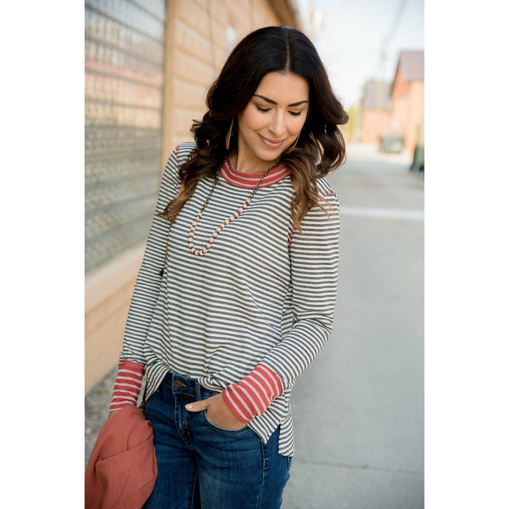 Mixed Stripe Raw Stitched Tee - Betsey's Boutique Shop