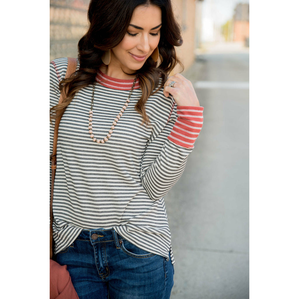 Mixed Stripe Raw Stitched Tee - Betsey's Boutique Shop