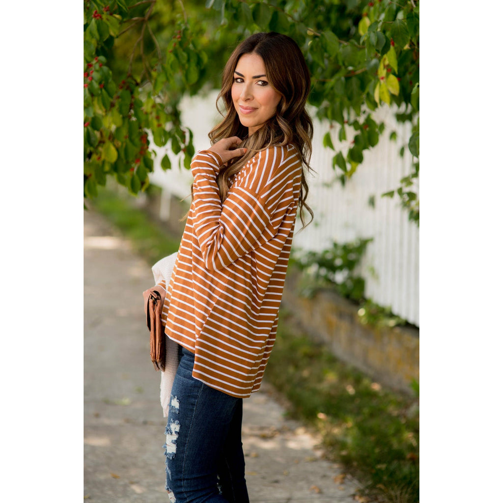 Striped Button Back Slit Tee - Betsey's Boutique Shop