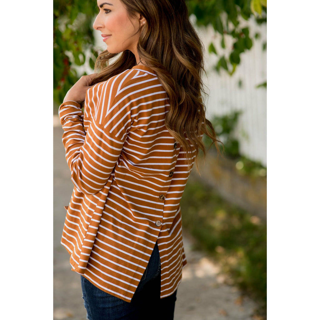 Striped Button Back Slit Tee - Betsey's Boutique Shop