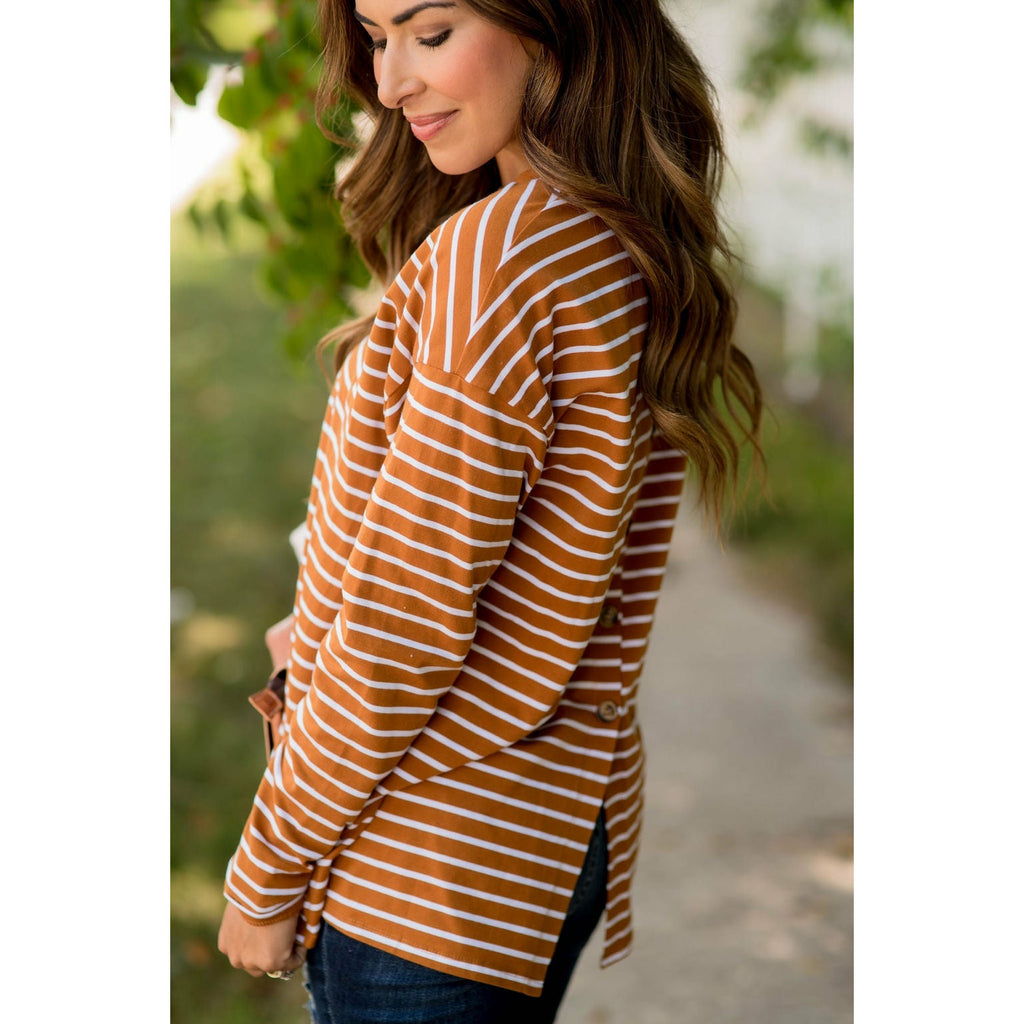 Striped Button Back Slit Tee - Betsey's Boutique Shop