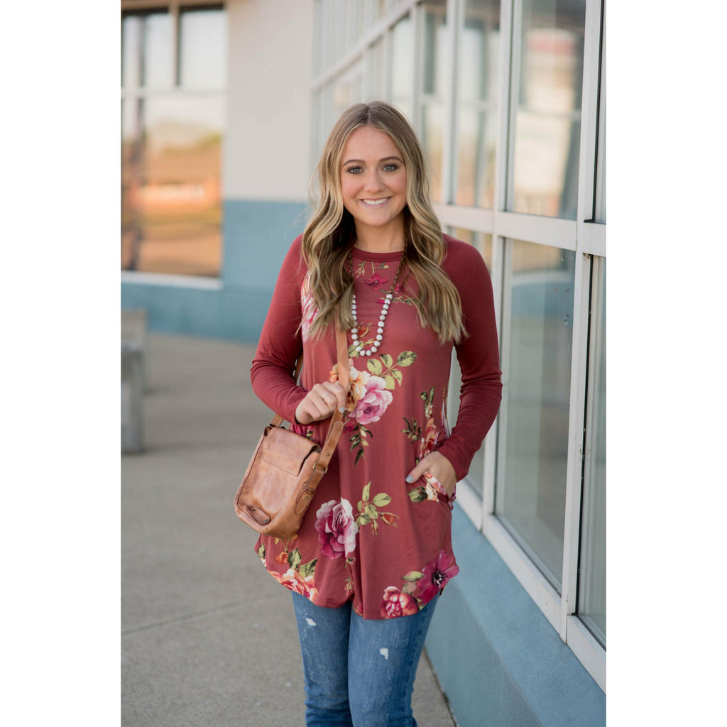 Marsala Floral Baseball Tee - Betsey's Boutique Shop