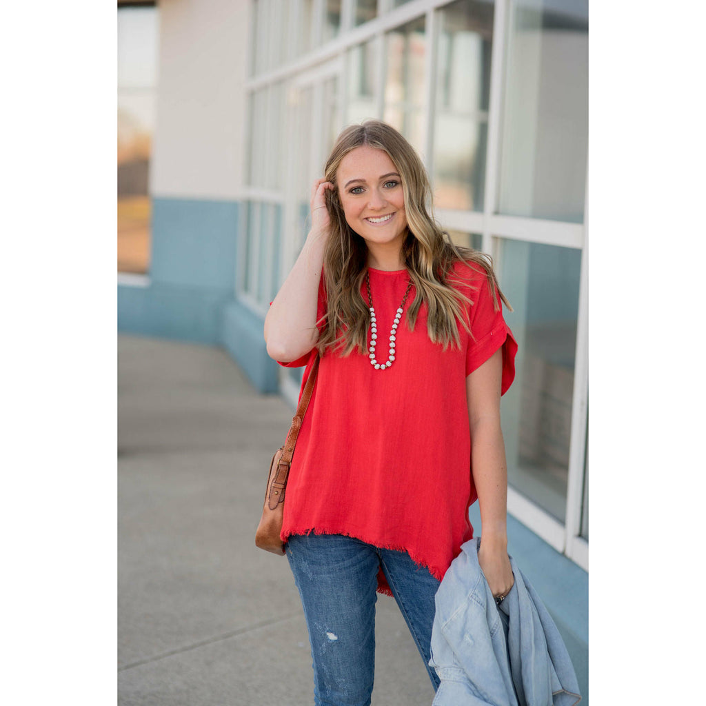 Cuff Sleeved Bottom Fringe Blouse - Betsey's Boutique Shop