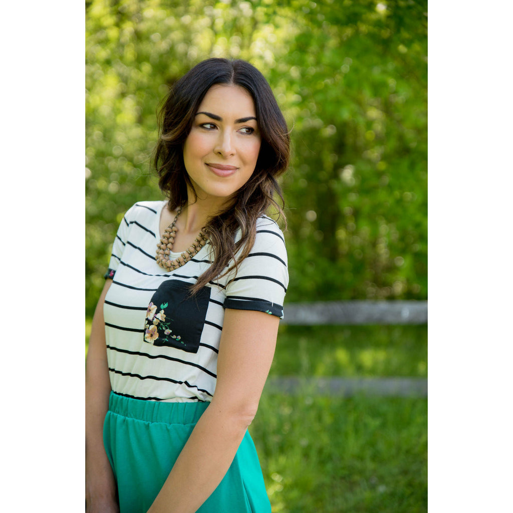 Striped Floral Pocket Short Sleeve Tee - Betsey's Boutique Shop