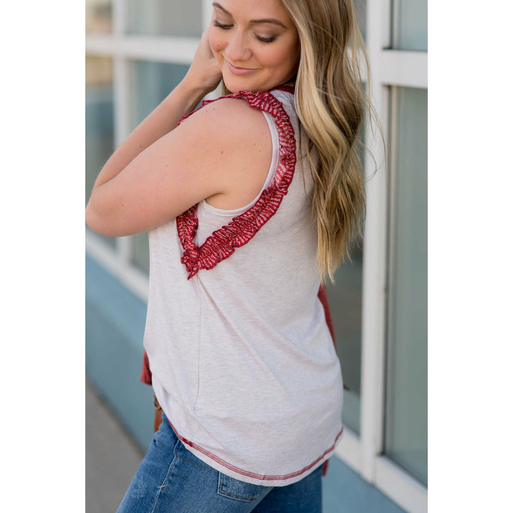 Printed Ruffle Sleeve Solid Trimmed Heathered Tank - Betsey's Boutique Shop